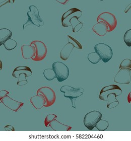 Hand drawn seamless pattern with mushrooms. Vector sketchy illustration. Boletus, chanterelle, agaric and russala on blue background.