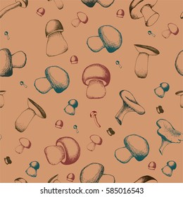 Hand drawn seamless pattern with mushrooms.