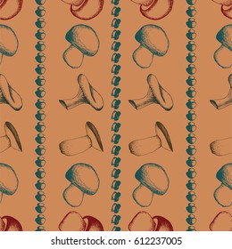 Hand drawn seamless pattern with mushrooms.