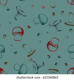 Hand drawn seamless pattern with mushrooms.