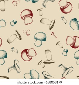 Hand drawn seamless pattern with mushrooms.