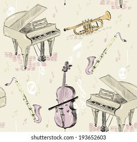 hand drawn seamless pattern of  musical instruments.