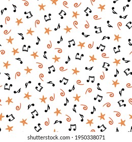 Hand drawn seamless pattern of musical notes. Flat sketch style. Isolated vector illustration for for musical instrument store, music festival background, textile, wallpaper, fabric.