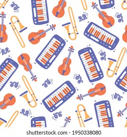 Hand drawn seamless pattern of musical instrument. Flat sketch style. Isolated vector illustration for for musical instrument store, music festival background, textile, wallpaper, fabric..