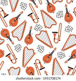 Hand drawn seamless pattern of musical instrument. Flat sketch style. Isolated vector illustration for for musical instrument store, music festival background, textile, wallpaper, fabric..