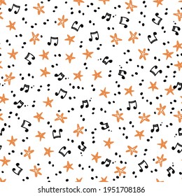 Handgezeichnet nahtloses Muster von Noten. Flacher Skizzenstil. Einzige Vektorgrafik für Musikinstrumentengeschäft, musikalischer Festivalhintergrund, Textilien, Tapeten, Stoff.