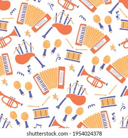 Hand drawn seamless pattern of musical instrument. Flat sketch style. Isolated vector illustration for for musical instrument store, music festival background, textile, wallpaper, fabric..
