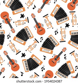 Hand drawn seamless pattern of musical instrument. Flat sketch style. Isolated vector illustration for for musical instrument store, music festival background, textile, wallpaper, fabric..