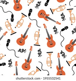 Hand drawn seamless pattern of musical instrument. Flat sketch style. Isolated vector illustration for for musical instrument store, music festival background, textile, wallpaper, fabric..