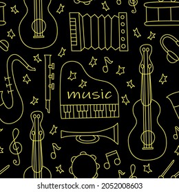 Hand drawn seamless pattern with musical instruments.