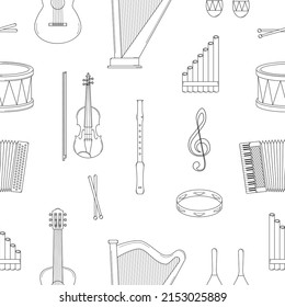 Hand drawn seamless pattern with musical instruments. Doodle style. Sketch. Vector.