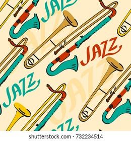 hand drawn seamless pattern of musical instruments