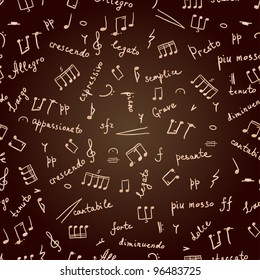 hand drawn seamless pattern with musical signs and italian words
