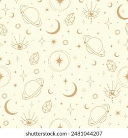 Hand drawn seamless pattern of mystic elements. Sun, Moon, star and eye line art 2d style. Celestial vector