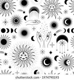 Hand drawn seamless pattern of mystical Sun, Moon, stars, woman's face, hand. Celestial space vector. Magic space galaxy sketch illustration for greeting card, invitation, wallpaper, wrapping paper