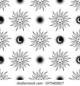 Hand drawn seamless pattern of mystical Sun with woman's face, moon. Celestial space vector in line art. Magic sketch illustration for greeting card, invitation, wallpaper, wrapping paper, fabric