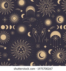 Hand drawn seamless pattern of mystical Sun, Moon, stars, woman's face, hand. Celestial space vector. Magic space galaxy sketch illustration for greeting card, invitation, wallpaper, wrapping paper