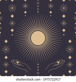Hand drawn seamless pattern of mystical Sun, star, woman's hand in line art. Magic talisman, antique style, boho. Magic sketch illustration for greeting card, wallpaper, wrapping paper, fabric
