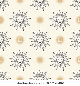 Hand drawn seamless pattern of mystical Sun with woman's face, moon. Celestial space vector in line art. Magic sketch illustration for greeting card, invitation, wallpaper, wrapping paper, fabric