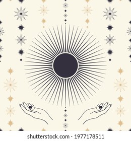 Hand drawn seamless pattern of mystical Sun, star, woman's hand in line art. Magic talisman, antique style, boho. Magic sketch illustration for greeting card, wallpaper, wrapping paper, fabric