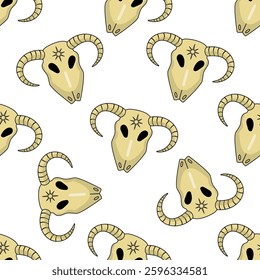 Hand drawn seamless pattern with mystical ram skulls in beige and black tones

