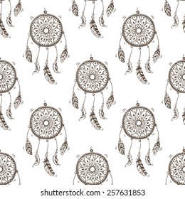 Hand drawn seamless pattern with native american dreamcatcher.