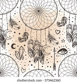 Hand drawn seamless pattern with Native American Indian talisman dream catcher with feathers and moon symbol. Vector illustration isolated on white. Lineart. Ethnic design, mystic tribal symbol. 