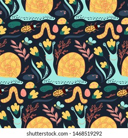 Hand drawn seamless pattern with natural forest animals snail, bees, bugs, plants on dark blue background. Vector illustration,