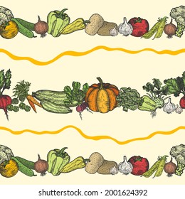 Hand drawn seamless pattern of natural vegetables hand drawn for menu or advertising. Design template - Vector