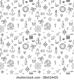 Hand drawn seamless pattern with nautical elements. Nautical icons. Marine symbols. Vector illustration