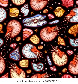 Hand drawn seamless pattern with nautilus and shell isolated on white background svg
