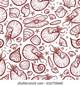 Hand drawn seamless pattern with nautilus and shell isolated on white background