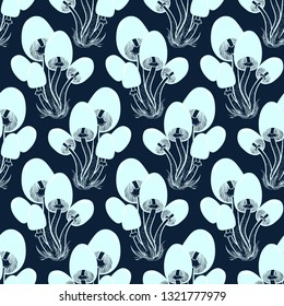 Hand drawn seamless pattern with neon mushrooms. Graphic vector illustration. Organic vegetarian product. Vector background with mushrooms in blue colors for kitchen decor