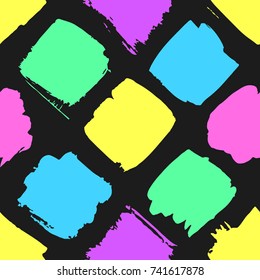 Hand drawn seamless pattern with neon paint squares. Acid Abstract brush background. Grunge vector illustration