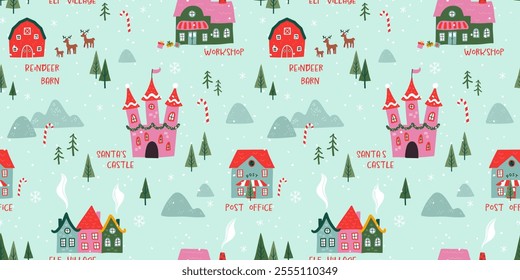 Hand drawn seamless pattern of the North Pole, showing the castle of Santa Claus, reindeer stables, elf village etc. - vintage Christmas vector design