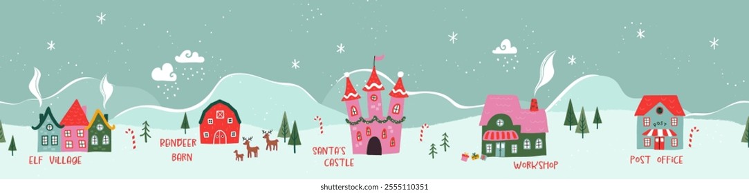 Hand drawn seamless pattern of the North Pole, showing the castle of Santa Claus, reindeer stables, elf village etc. - vintage Christmas vector design