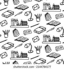 Hand drawn seamless pattern with notepad, notebook, book, table lamp, pen, pencil, alarm clock, timer, bookshelf, glass with pencils on white background. Adult and kids coloring page. School supplies