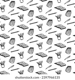 Hand drawn seamless pattern with notepad, notebook, pen, pencil, glass of pencils, book on white background. Doodle educational design. Adult and kids coloring page. Back to school. school supplies