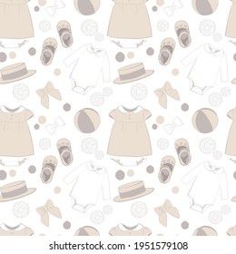 Hand drawn seamless pattern with nude color elements, girl clothes, dress, accessories, shoes, toys for kids bedding, room decoration, digital papers, vector illustration cartoon, on white background 