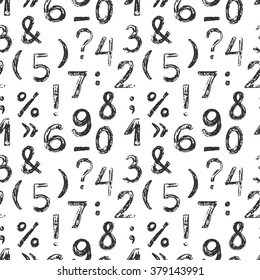 Hand drawn seamless pattern with numbers and others elements alphabet. Can be used for scrap booking, posters, school projects. Education for children, preschool. Ink illustration.
