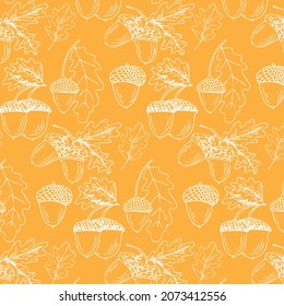 Hand drawn seamless pattern with Oak Acorns and Autumn Leaves isolated on bright yellow background. Cute design for childrens textile, cards, posters, packages, label.