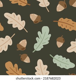 Hand drawn seamless pattern with oak leaves and acorns. Vector forest background. Cute childish floral texture for wallpaper, fabric and apparel. Scandinavian illustration with forest elements