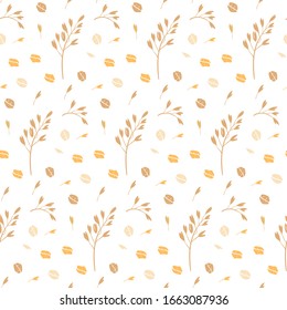 Hand drawn seamless pattern of oat grains, flakes, oat milk, bottles. Healthy, organic daily nutrition. Cute doodle vector for print, card, poster, wrapping paper on white background.