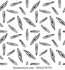 Hand drawn seamless pattern with oats seeds in monochrome sketch style isolated on white background. Agriculture background for food branding. Vintage vector illustration.