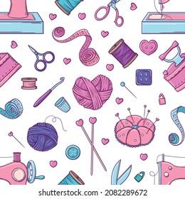 Hand drawn seamless pattern with objects for sewing, knitting and hand craft in doodle style