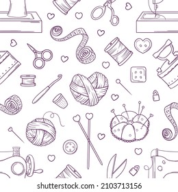 Hand drawn seamless pattern with objects for sewing, knitting and hand craft in doodle style