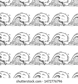 Hand Drawn seamless pattern ocean wave doodle. Sketch style icon. Isolated on white background. Flat design. Vector illustration.