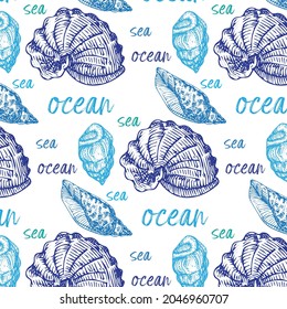Hand drawn seamless pattern with ocean and sea shells isolated on white background. Modern colorful ornament. Vector illustration.