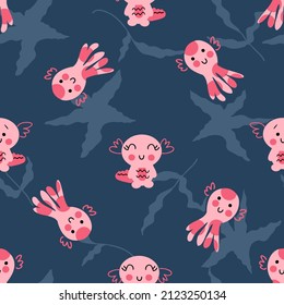 Hand drawn seamless pattern with octopus and axolotls in the ocean. Perfect for T-shirt, textile and print. Doodle vector illustration for decor and design.



