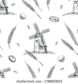 Patrón sin fisuras de molino viejo, trigo, pan, grano. ilustración sobre fondo blanco. boceto. vector.